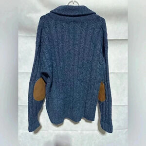 VTG Eddie Bauer L Wool Cardigan Cable Knit Sweater Blue Shawl Collar Elbow Patch